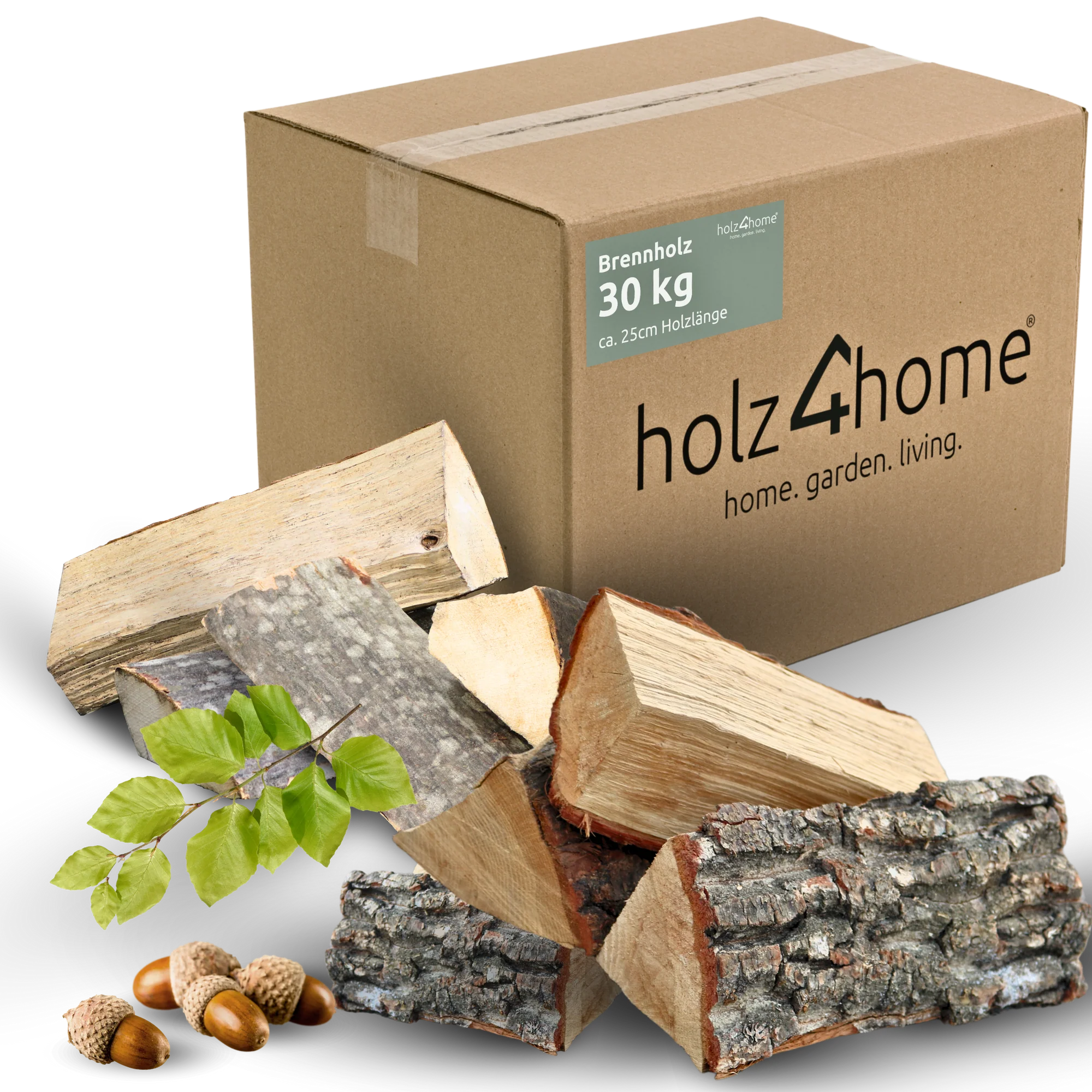 Brennholz Mischholz 30 kg im Karton – ofenfertiges Hartholz mit 25 cm Scheiten – Kaminholz für Ofen, Kamin, Grill & Smoker